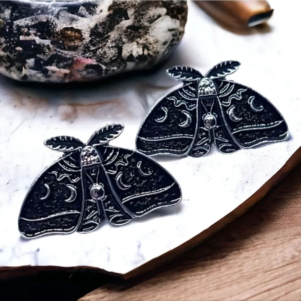 Luna Moth Stud Earrings Antique Silver Moon Phase Celestial Gothic Nature
